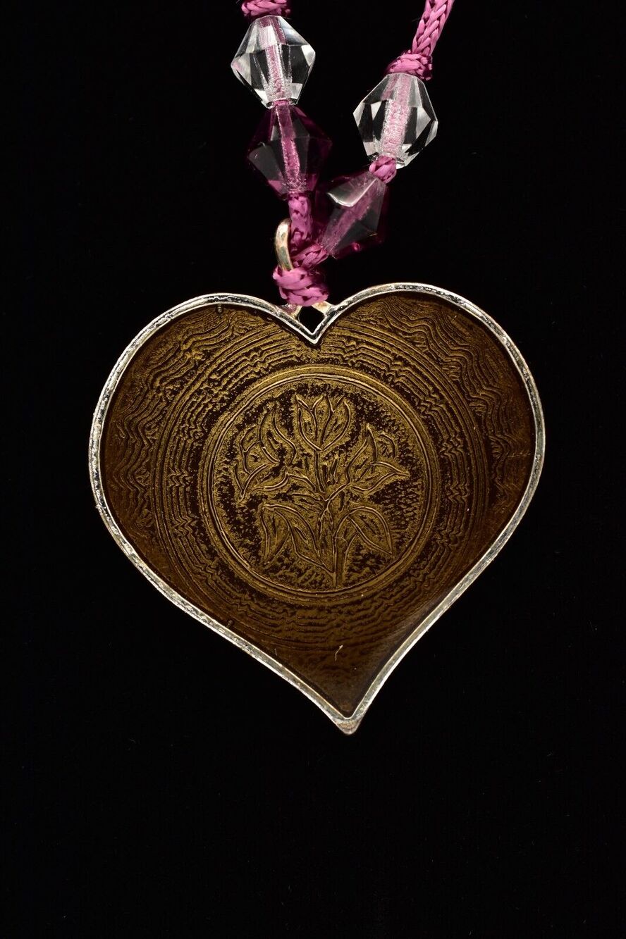 Vintage Heart Coin Pendant Necklace Fabric Purple Beaded Enamel Valentine BinA17